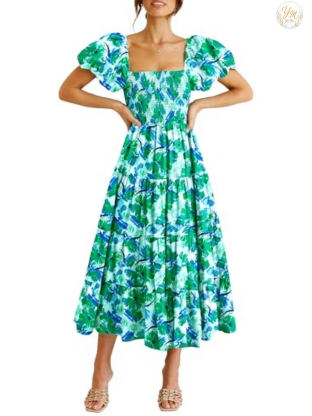 Women's Smocked Midi Wedding Guest Dress Square Neck Puffy Sleeve A-Line